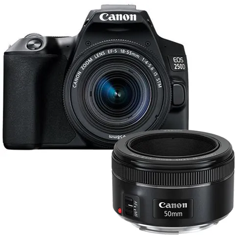 87145746615201 Canon EOS 250D Black + Canon EF-S 18–55 mm f/4–5,6 IS STM + Canon EF 50 mm f/1,8 STM – Image 1